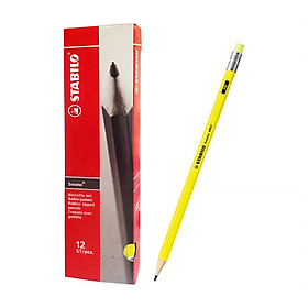 Hộp bút chì gỗ STABILO Swano có đầu tẩy - Hộp 12 thân vàng neon, có đầu tẩy (PC4907Y/12-HB)