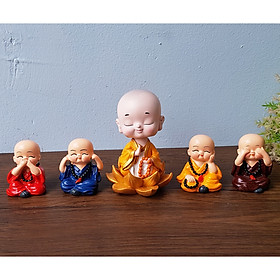 Bộ 04 chú tiểu Tứ Không đeo chuỗi kèm chú tiểu lò xo ngồi đài sen trang trí