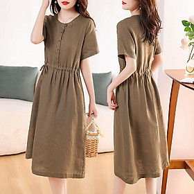 Đầm linen nữ trơn tay ngắn kết hợp phối cúc và rút eo , có nhiều màu dễ mặc đi chơi hay đi làm Da217