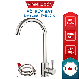 Vòi rửa bát nóng lạnh inox 304 Pimisi dùng cho chậu rửa chén bát trong nhà bếp gắn chậu - bàn đá, quay 360 độ dùng được cho chậu rửa chén 2 hố - đã kèm 2 sợi dây cấp nước | Hàng chính hãng