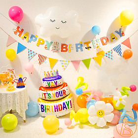 Set trang trí sinh nhật bong bóng hình bánh kem cùng bộ chữ giấy Happy Birthday nhiều màu sắc cho bé kèm theo ống bơm