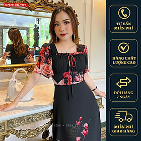 Đầm Xoè Hoa 3D Đen Cổ Vuông Dập Ly Tay Loe Voan Cao Cấp Sandra Dress