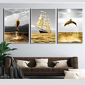 Bộ 3 tranh canvas treo tường decor con thuyền, biển và cá heo vàng DC007 50x70cm x3c