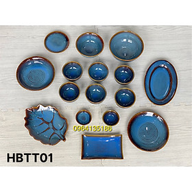 Mua Bộ bát đĩa men hoả biến xanh dương gốm sứ Bát Tràng