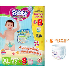 Tã quần Bobby - Đệm Lưng Thấm Mồ Hôi XL62 (62 miếng) - Tặng 8 miếng trong gói