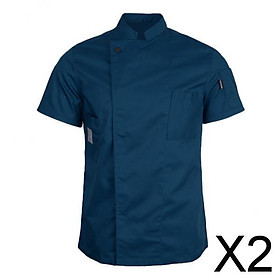 2xUnisex Short Sleeves Chef Jacket Waiter Coat Cooks Uniform Apparel 3XL Blue