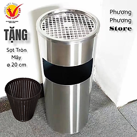 Thùng rác inox tròn A 35, thùng rác inox gạt tàn tròn ( Tặng sọt tròn mây )