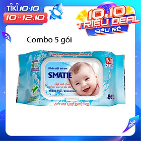 Combo 5 Gói Khăn Ướt Không Mùi Smatie 80 Tờ