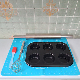 Mua Combo Thảm cán bột silicon + Chày cán bột inox dài 43cm + Phơi đánh trứng + Khuôn cupcake 6 ô (Tặng 1 chổi phết dầu)