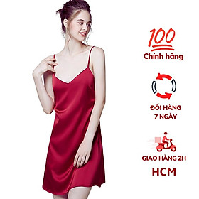 Váy ngủ nữ, váy 2 dây lụa VILADY - V128 dáng suông màu đỏ đô  chất liệu lụa Pháp cao cấp