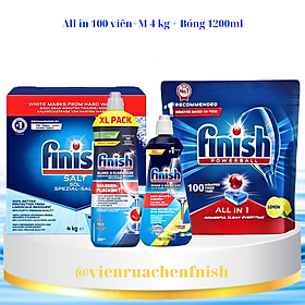 Combo Viên rửa bát Finish All in one 100 viên + Muối Finish 4.0kg + Nước làm bóng Finish 1150ml