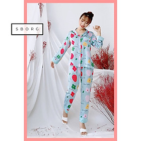 Đồ bộ mặc nhà SBORG bộ pijama dài tay chất lụa satin cao cấp mềm mịn họa tiết cute đáng yêu phối quần dài có túi sâu dễ thương bigsize 50-65kg quà tặng vợ, thuận tiện thoải mái mặc nhà hoặc đi ra ngoài