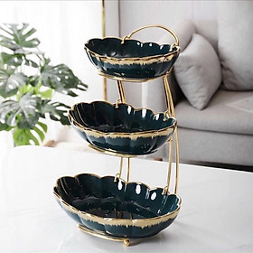 Mua KHAY SỨ ĐỰNG BÁNH KẸO  HOA QUẢ KHUNG KIM LOẠI MẠ VÀNG CAI CẤP VÂN BÈO 3 TẦNG