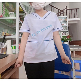 Bộ blouse cổ tim viền XANH DƯƠNG nam nữ cộc tay - bộ scrubs kỹ thuật viên cho điều dưỡng, dược sỹ, y tá, bác sĩ