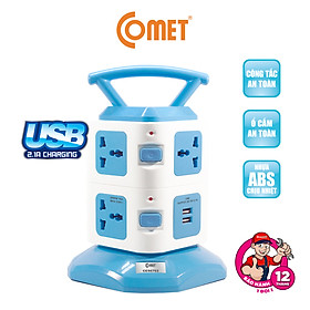 Ổ Cắm Điện Đa Năng COMET CES6703 2500W Hình Tháp dây dài 3m, 7 lỗ cắm 3 chấu, 2 cổng sạc USB