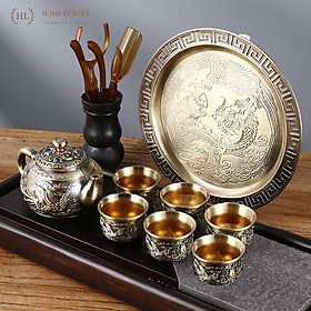 Mua Bộ ấm trà đồng Long Phụng Sum Vầy | Bộ ấm chén 6 ly cao cấp hoa văn họa tiết Long Phụng phú quý đại cát