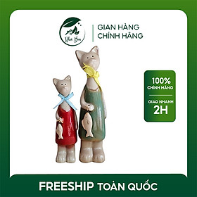 Set 2 Tượng Gốm Thủ Công Hình Mèo Lớn Và Mèo Nhỏ Cầm Cá