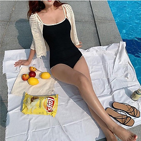 Set bikini 1 mảnh, Bodysuit đen viền trắng khoét lưng baby
