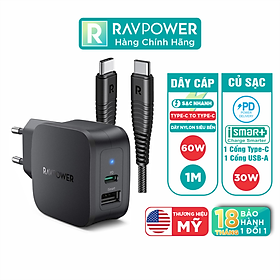 Mua Combo RAVPower Củ Sạc Điện Thoại 2 Cổng 30W RP-PC132 + Dây Cáp Sạc Type-C To C RP-CB047 - Hàng Chính Hãng