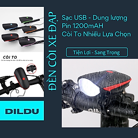 Đèn Pha Xe Đạp Có Còi/Kèn - Pin Mạnh 1200mAh - Sáng Tới 5 Giờ Liên Tục - 3 Chế Độ Sáng - Còi To - Chống Nước