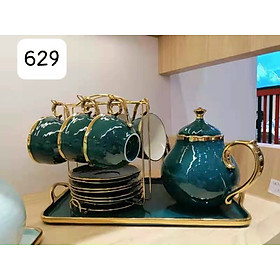 Bộ ấm chén pha trà cà phê cao cấp kèm khay sứ 6 đĩa và giá treo cốc - VD189