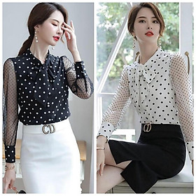Áo sơ mi chấm bi phối nút cột nơ BY6359