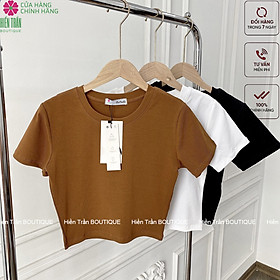 Áo croptop nữ Hiền Trần BOUTIQUE cổ tròn vải cotton bozip co giãn thoáng mát freesize ngắn tay thun đẹp