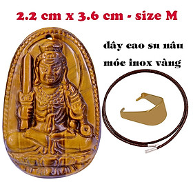 Mặt Phật Bất động minh vương đá mắt hổ 3.6 cm kèm vòng cổ dây cao su nâu - mặt dây chuyền size M, Mặt Phật bản mệnh