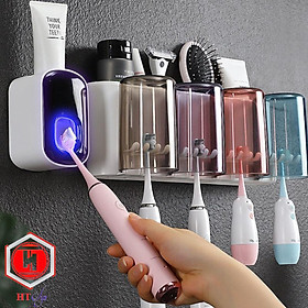Bộ dụng cụ nhả kem đánh răng tự động 4 cốc và giá treo bàn chải đa năng HT SYS-COCO-E1922-chất liệu ABS cao cấp