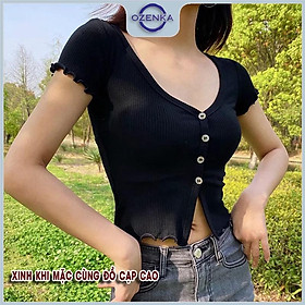 Áo croptop nữ kiểu ôm sexy cổ vuông cài khuy, áo crt ngắn tay đẹp thun gân 100% cotton màu đen trắng dưới 55 cân