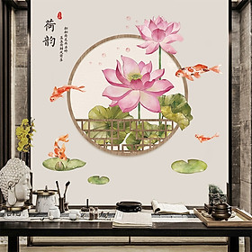 Decal dán tường Hoa sen 11 thủy mặc trang trí nhà cửa siêu đẹp, sáng tạo (75 x 108 cm)