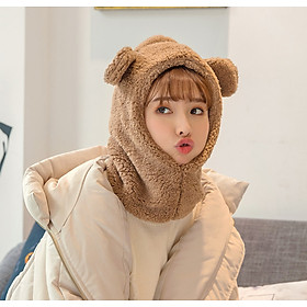 Mũ len lông cừu trùm đầu liền khăn cổ tai gấu dễ thương ấm áp mùa đông thích hợp cho bạn gái