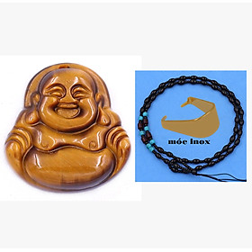 Mặt Phật Di lặc đá mắt hổ vàng đen 2.4 cm ( size nhỏ ) kèm vòng cổ hạt chuỗi đá gạo đen + móc inox vàng, mặt dây chuyền Phật cười