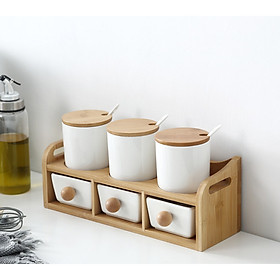Mua Bộ đựng gia vị bằng gốm sứ giá gỗ 2 tầng 5 hũ và 1 ấm
