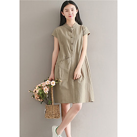 Đầm suông chất đũi cổ trụ phối túi bên hông LAHstore, chất vải mềm mát thích hợp mùa hè, thời trang Hàn Quốc