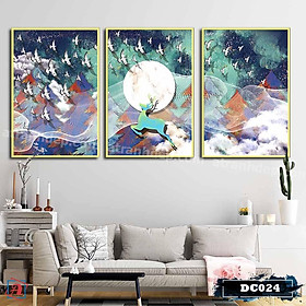 Bộ 3 tranh canvas treo tường Decor họa tiết cách điệu hươu và rừng cây, phong cách hiện đại – DC024