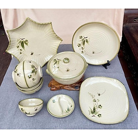 Mua Set bát đĩa men dong khử  họa tiết hoa trúc- chuồn. Gốm sứ Bát Tràng cao cấp.