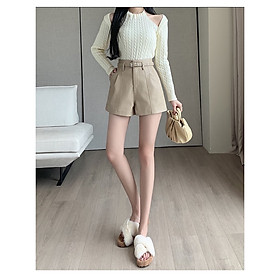 Quần Short Nữ Vải Da Kèm Dây Đai Cạp Cao Ống Rộng 2 Màu Full Szie