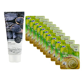 Hình ảnh Combo Sữa rửa mặt chiết xuất từ than hoạt tính 3W CLINIC CHARCOAL CLEANSING FOAM và Bộ 10 gói mặt nạ chiết xuất ốc sên 3W Clinic Fresh Snail Mask Sheet