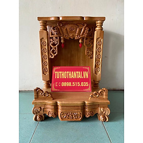 Hình ảnh Bàn thờ thần tài ông địa gỗ Gõ Đỏ cột vuông chạm chữ, đình cong 48 x 68cm