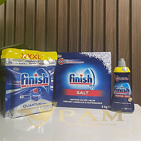 Combo Viên rửa bát Finish Quantum 60 viên hương thường + Muối Finish 4kg + Nước làm bóng Finish 400ml hương chanh