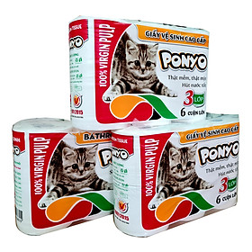 COMBO (3 LỐC) GIẤY VỆ SINH PONYO MÈO CON CAO CẤP - LỐC 6 CUỘN - 1KG/LỐC