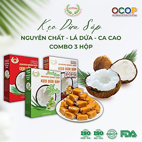 Combo 3 Kẹo dừa sáp VICOSAP vị cacao lá dứa kẹo mềm dẻo ít đường đặc sản Trà Vinh hộp 100g
