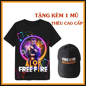 Combo áo + mũ, Áo thun đen Free Fire in hình Alok Tặng 1 nón lưỡi chai Free Fire Áo thun đủ size phom dành cho cả nam và nữ