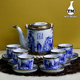 Mua Bộ Ấm Tích Pha Trà Hãm Chè Xanh ( Ấm Chén) Men Trắng Bọc Đồng Dáng Lục Giác Vẽ Bát Tiên