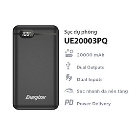Sạc dự phòng Energizer 20,000mAh/3.7V Li-Polymer - UE20003PQ tích hợp power Delivery - Hàng chính hãng