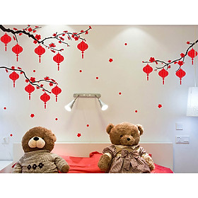 Decal trang trí tết-cành hoa đào đèn lồng