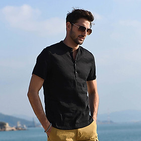 Áo sơ mi linen dành cho nam, trơn cổ trụ, sơ mi hàn quốc Haint Boutique, form vừa
