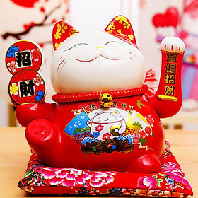 Mèo thần tài đỏ vẫy tay cầm tiền - 25cm