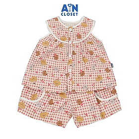 Bộ quần áo Ngắn bé gái họa tiết Caro Gấu Nâu cotton - AICDBG1YOPRW - AIN Closet